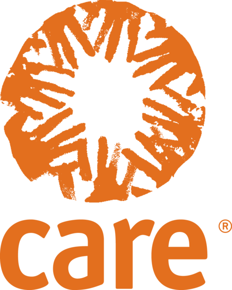 Logo for CARE International, with the word "CARE" in orange with a circular emblem made up of overlapping orange handprints