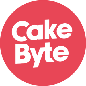 Cake Byte logo, white writing on a bright red background