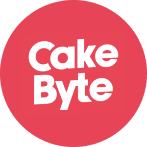 Cake Byte logo, white writing on a bright red background