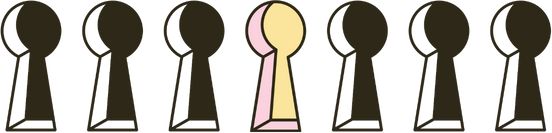 A row of old-fashioned keyholes with one lit up from within