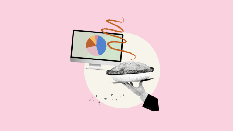 This image shows two ideas about pie - a pie chart and a hand holding a freshly baked pie.