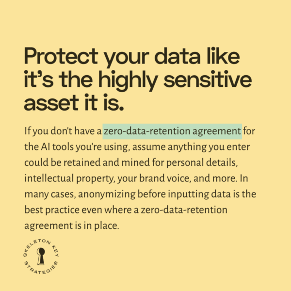 Protect your data like it's the highly sensitive asset it is. If you don't have a zero-data-retention agreement for the AI tools you're using, assume anything you enter could be retained and mined for personal details, intellectual property, your brand voice, and more. In many cases, anonymizing before inputting data is the best practice even where a zero-data-retention agreement is in place.